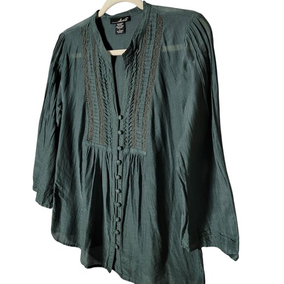 Willi Smith Womens Silk Blend Boho Peasant Pleated Bell Sleeve Button Up Top L - Picture 2 of 10